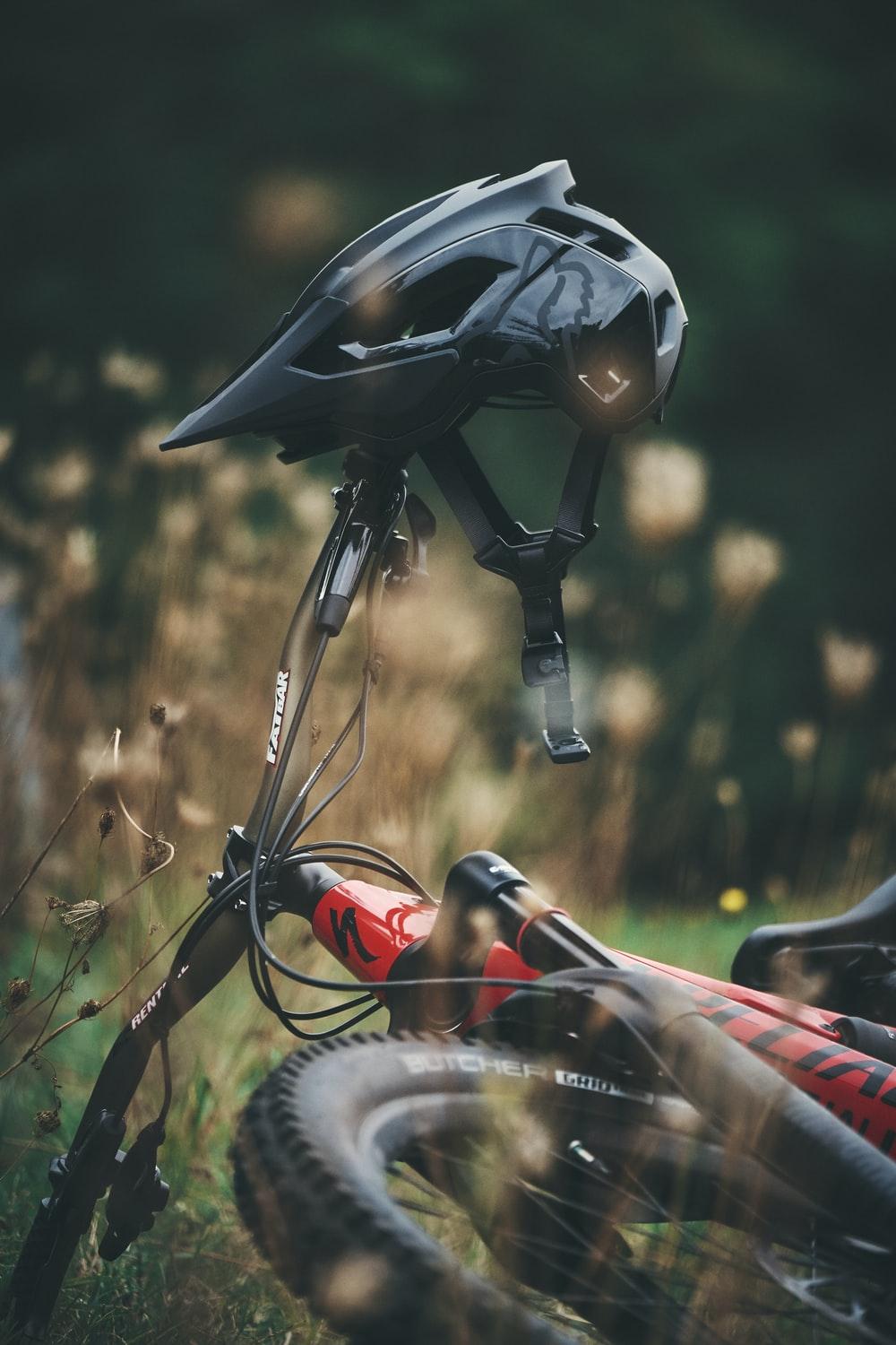 Mountain bike and helmet resting in tall dry grass